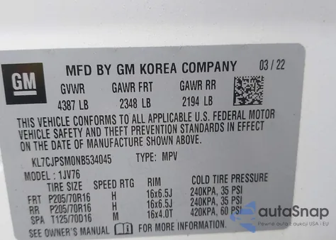 2022 Chevrolet Trax Awd Lt z USA, uszkodzony, nr VIN KL7CJPSM0NB534045